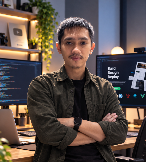 Dexter in a modern developer workspace with code and design on dual monitors